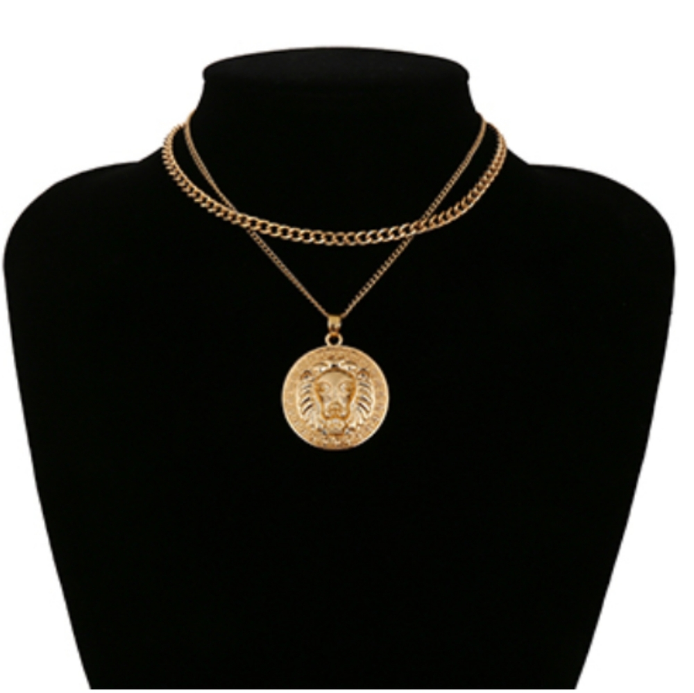 Gold Lion Medallion Double Strand Necklace - Picture 6 of 8